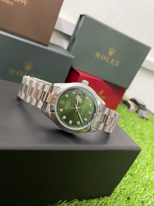 Rolex Date-Just with Green Dial with Silver chain