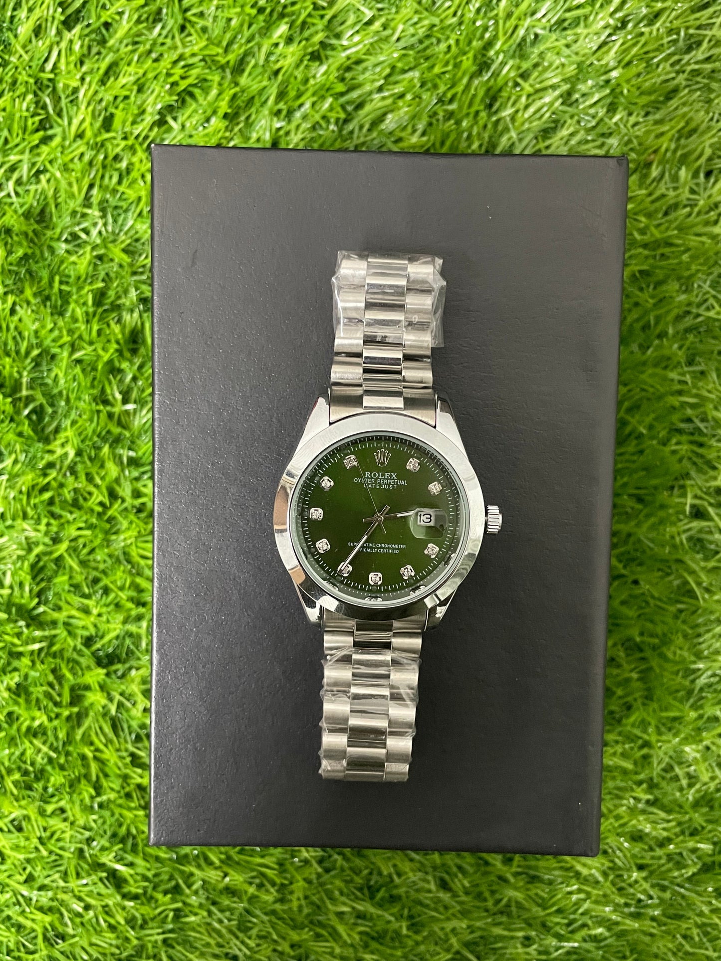 Rolex Date-Just with Green Dial with Silver chain