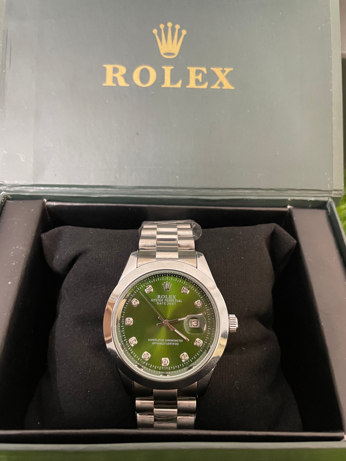Rolex Date-Just with Green Dial with Silver chain