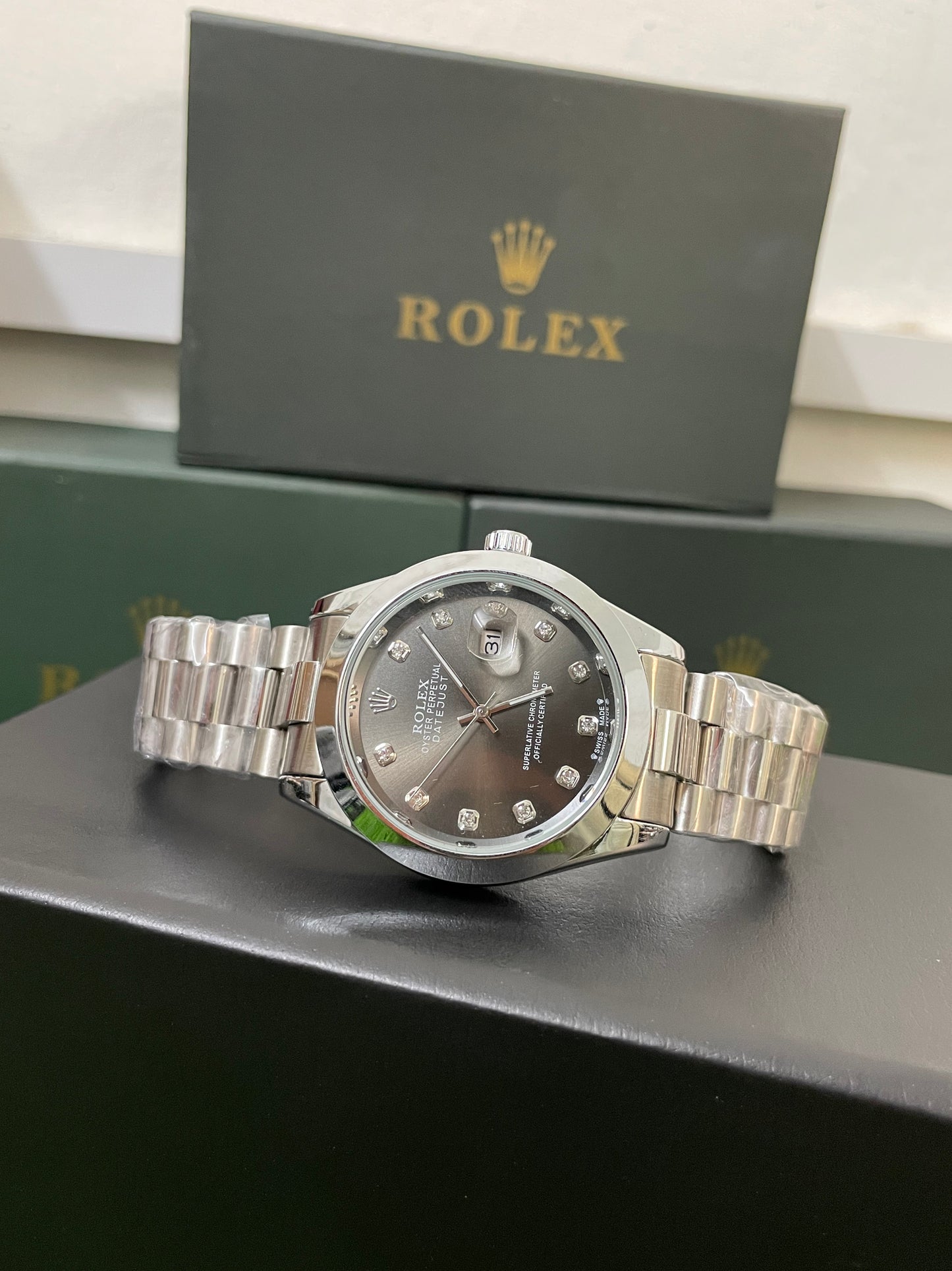 Rolex Date-Just with Black Dial with Silver chain