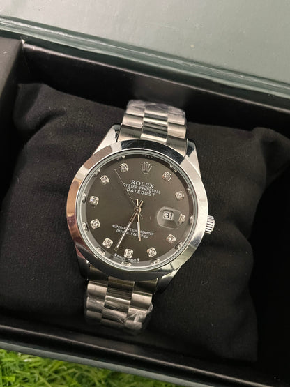 Rolex Date-Just with Black Dial with Silver chain