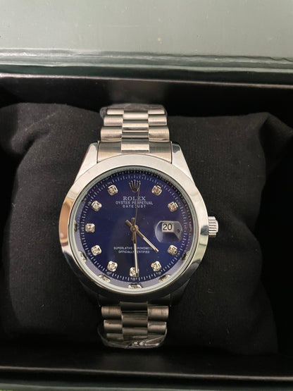 Rolex Date-Just with Blue Dial with Silver chain -
