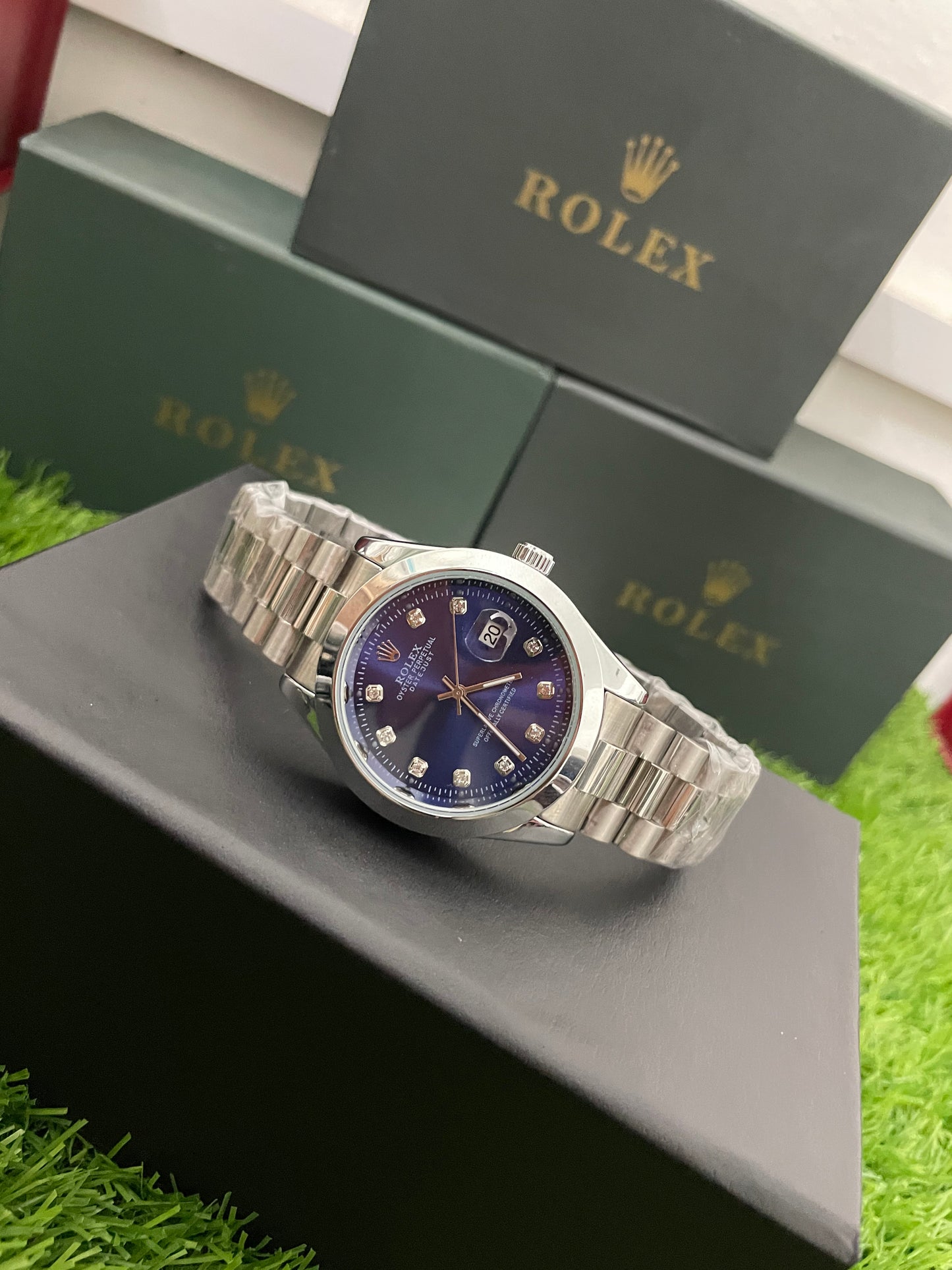 Rolex Date-Just with Blue Dial with Silver chain -